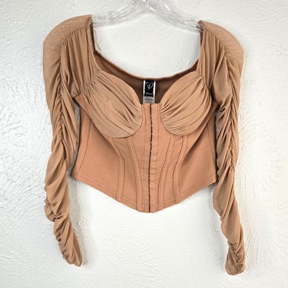 Windsor Tops - Windsor Womens Sexy Biege‎ Crop Top Corset w/ Mesh Long Sleeves Size M NWT